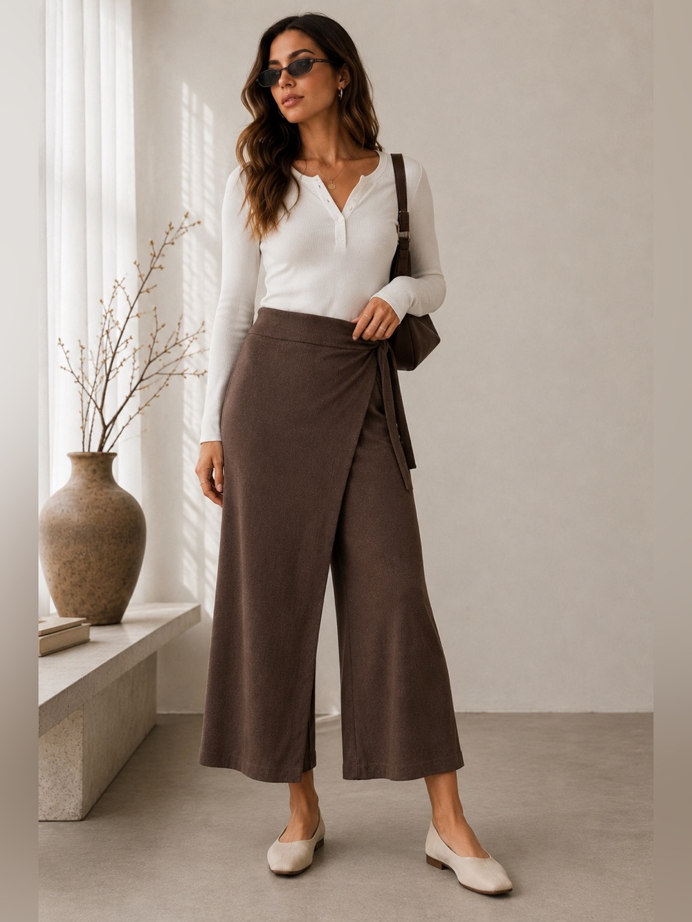 Zara Wrap Front Knit Wide Leg Pants Brown Soft Knit Lounge Pants L